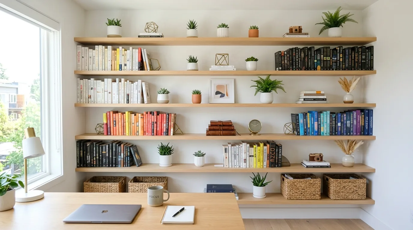 Luxury built-ins with marble objects and oversized art book stacks