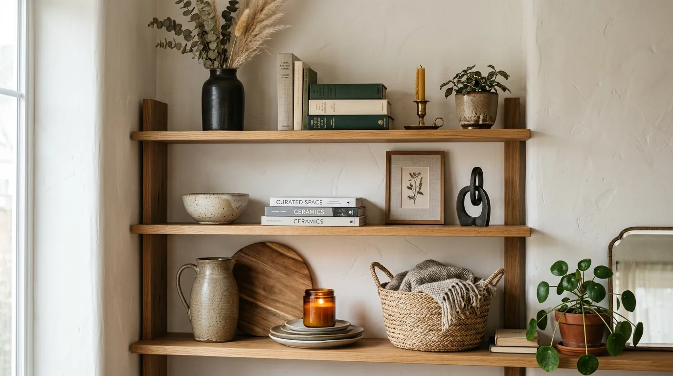 Minimal shelves with monochrome objects and one organic branch