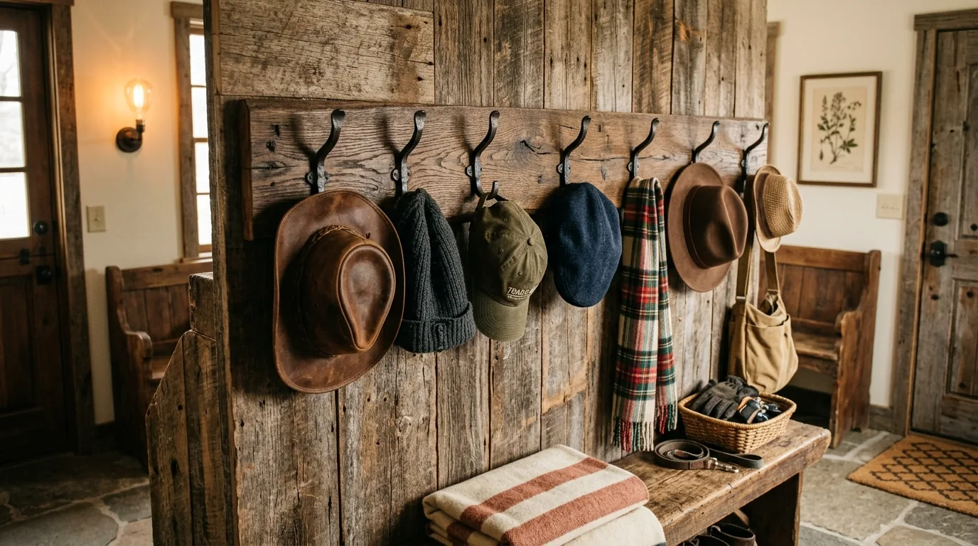Farmhouse mudroom with rustic wood hat rack and woven basket accents