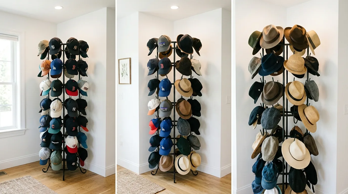 Small apartment entry with narrow vertical hook board for caps and scarves