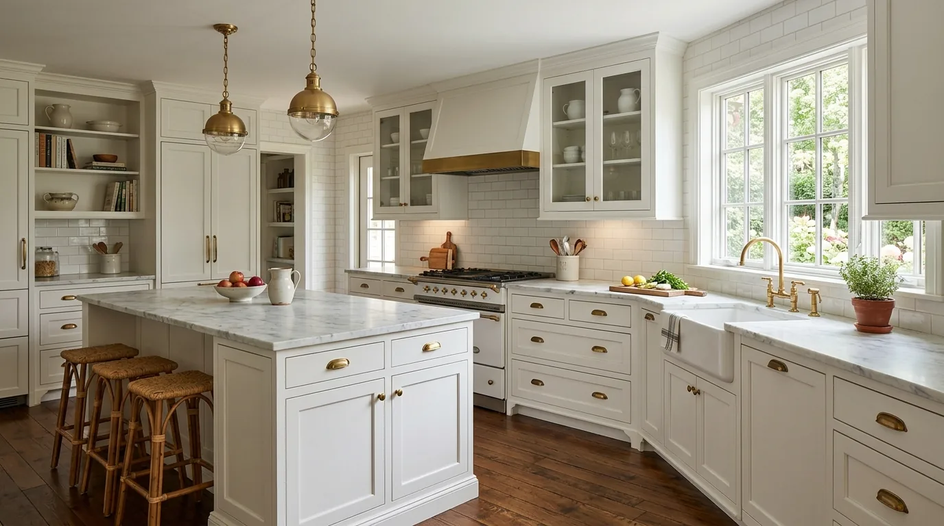 Flat-panel oak cabinetry with seamless hardware and soft lighting