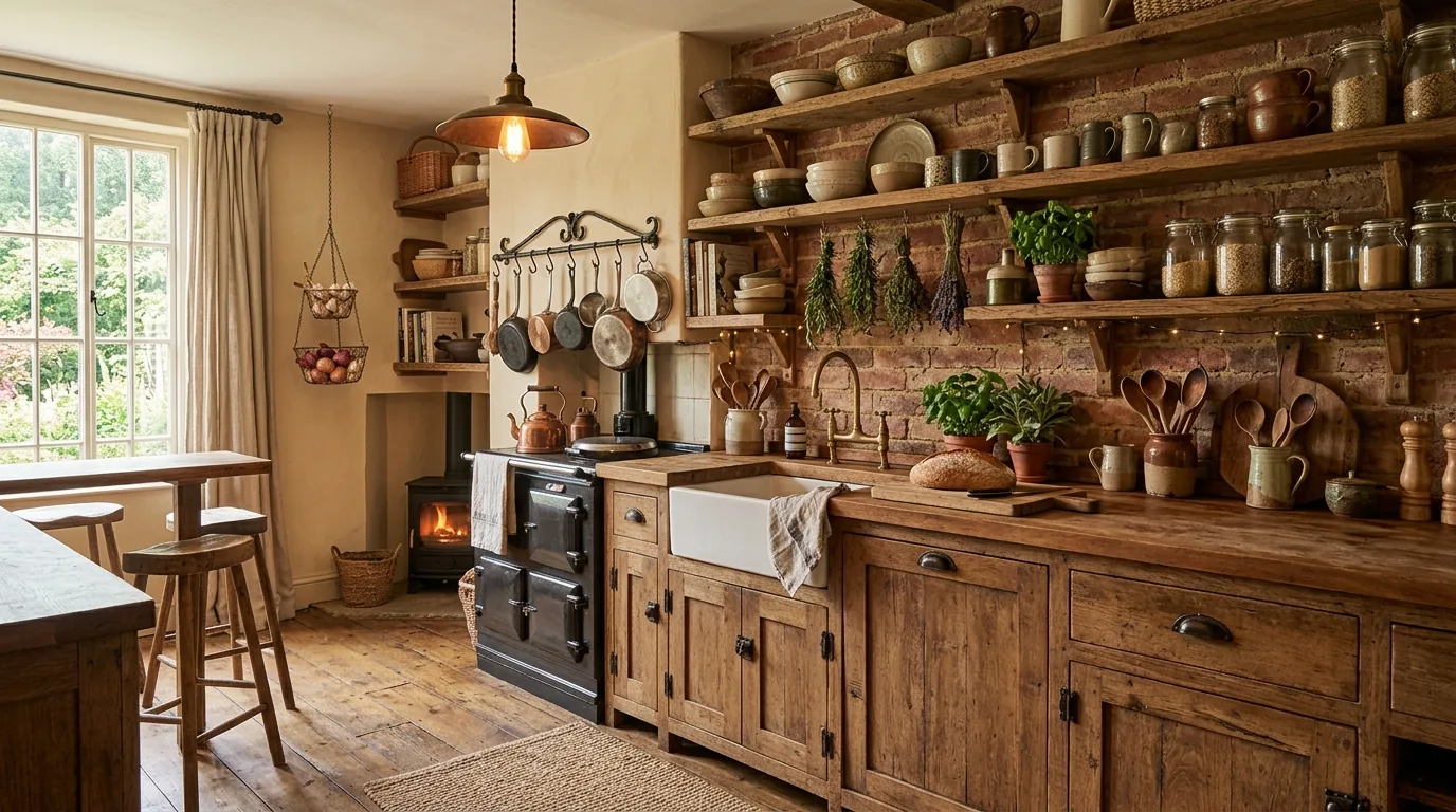 Navy lower cabinets with white uppers and open shelves