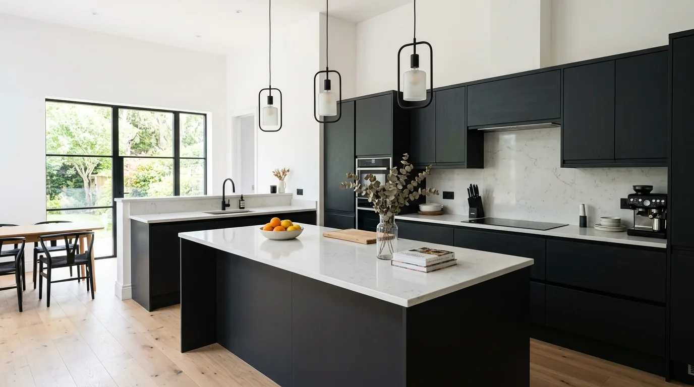 Matte black cabinetry with stone backsplash and wood accents