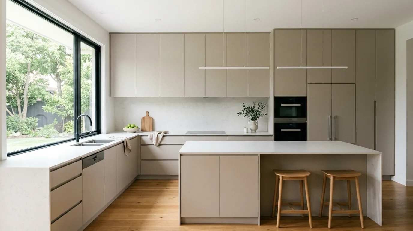 Farmhouse kitchen with sage green cabinets and vintage-style pulls