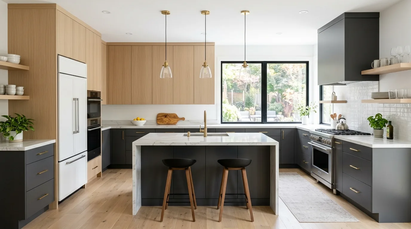 Galley kitchen with slim shaker cabinets and reflective backsplash