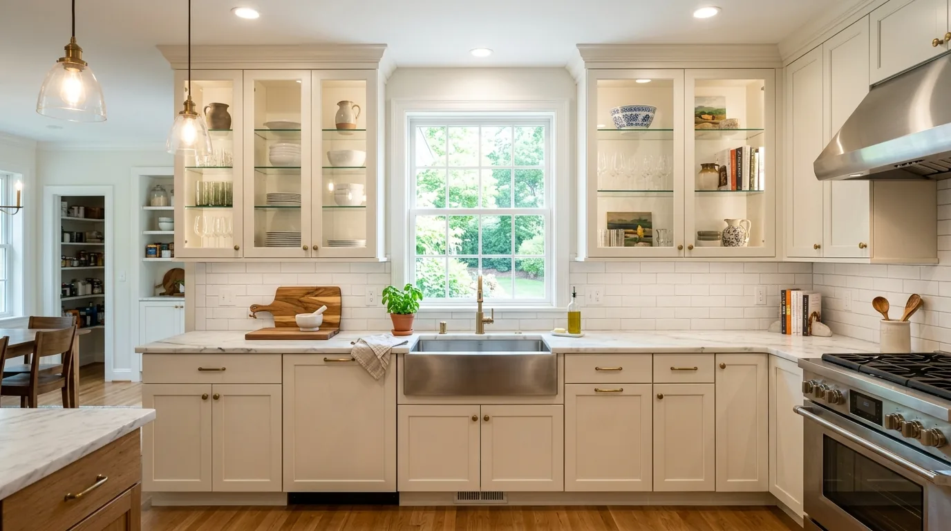 Open concept kitchen with fluted island panels and clean uppers