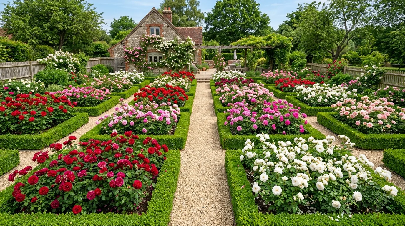 Climbing roses over white arbor with lavender below