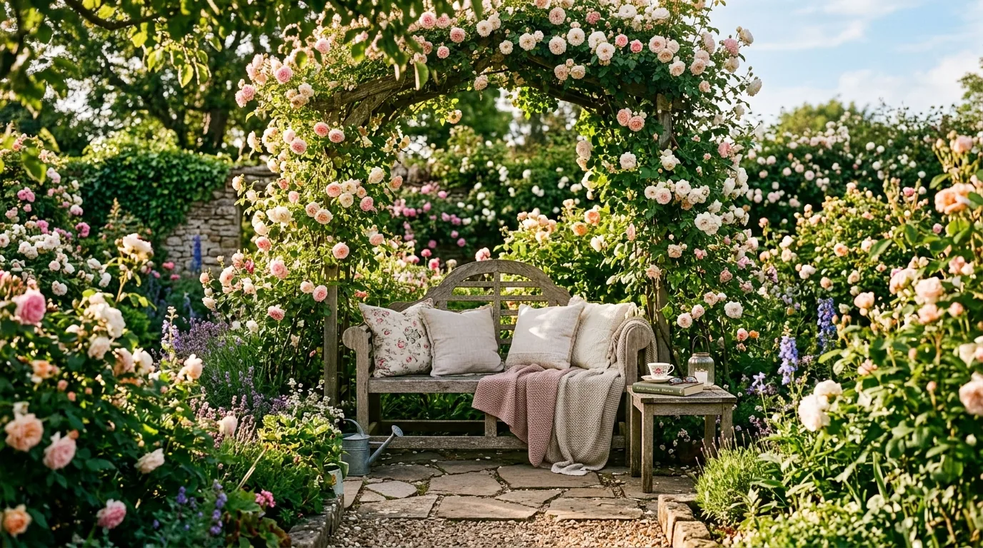 Cottage garden with mixed pink roses and boxwood edging