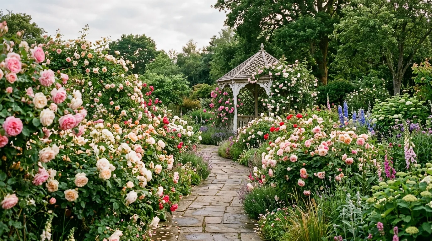 Small yard with rose bed around bistro seating corner