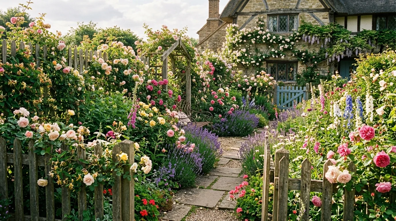 Formal garden with symmetrical rose bushes and clipped hedges