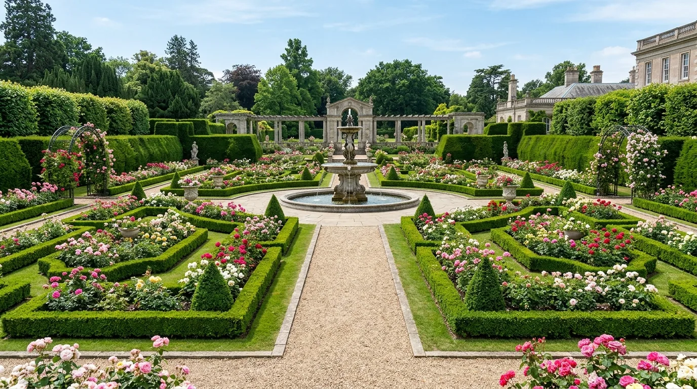 Pergola wrapped in climbing roses above outdoor bench