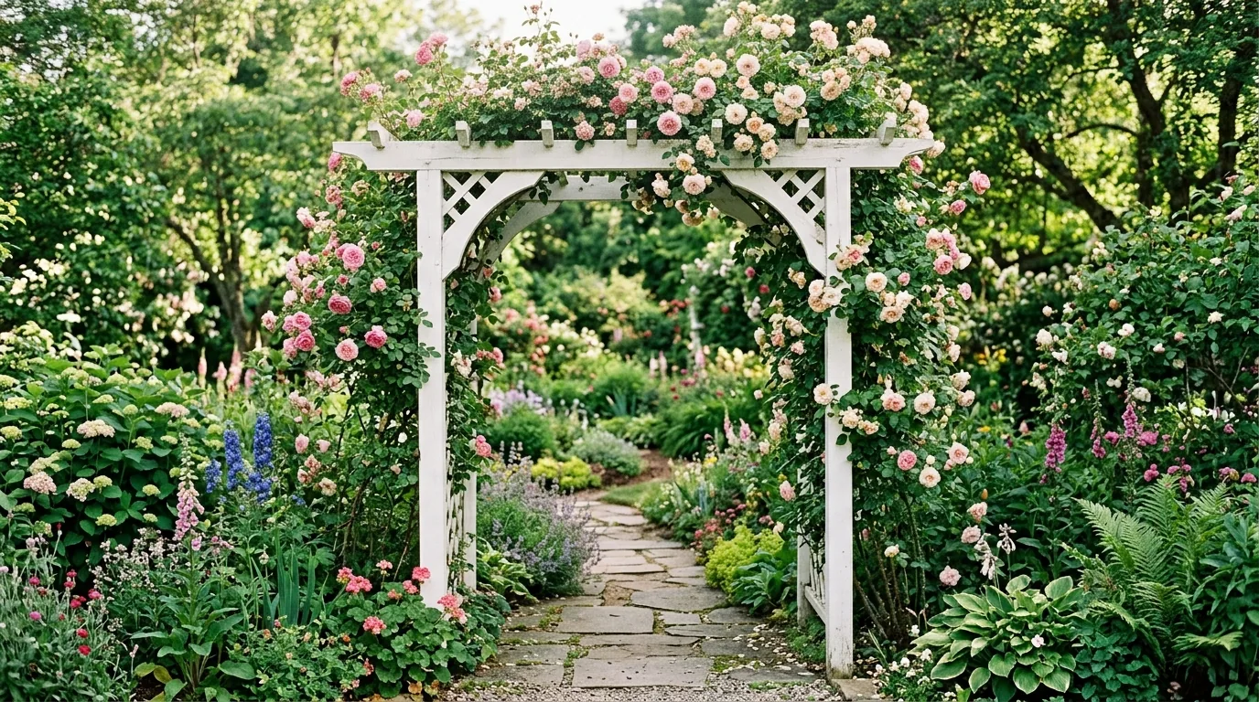 Back fence lined with repeat rose shrubs and flowering perennials