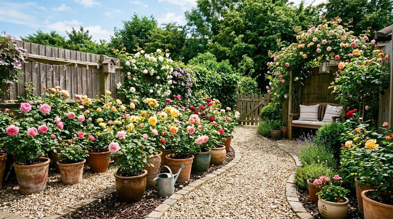 Vintage-inspired garden with weathered urn and peach roses