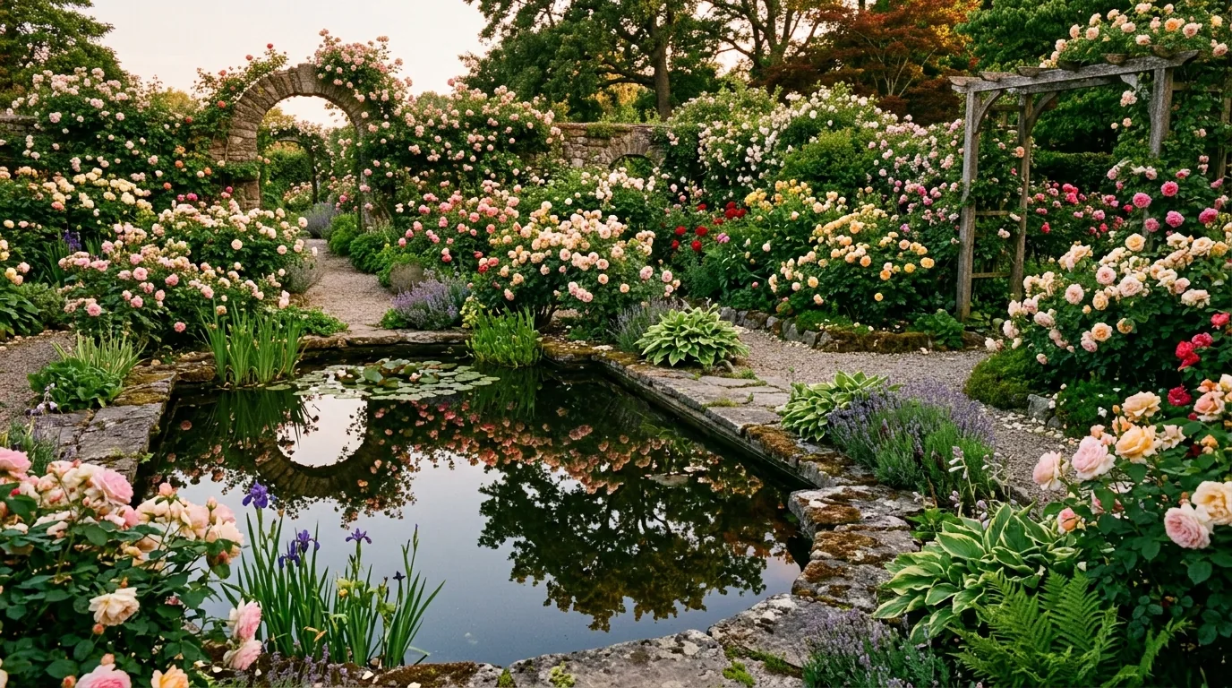 Pathside rose border with stepping stones and groundcover
