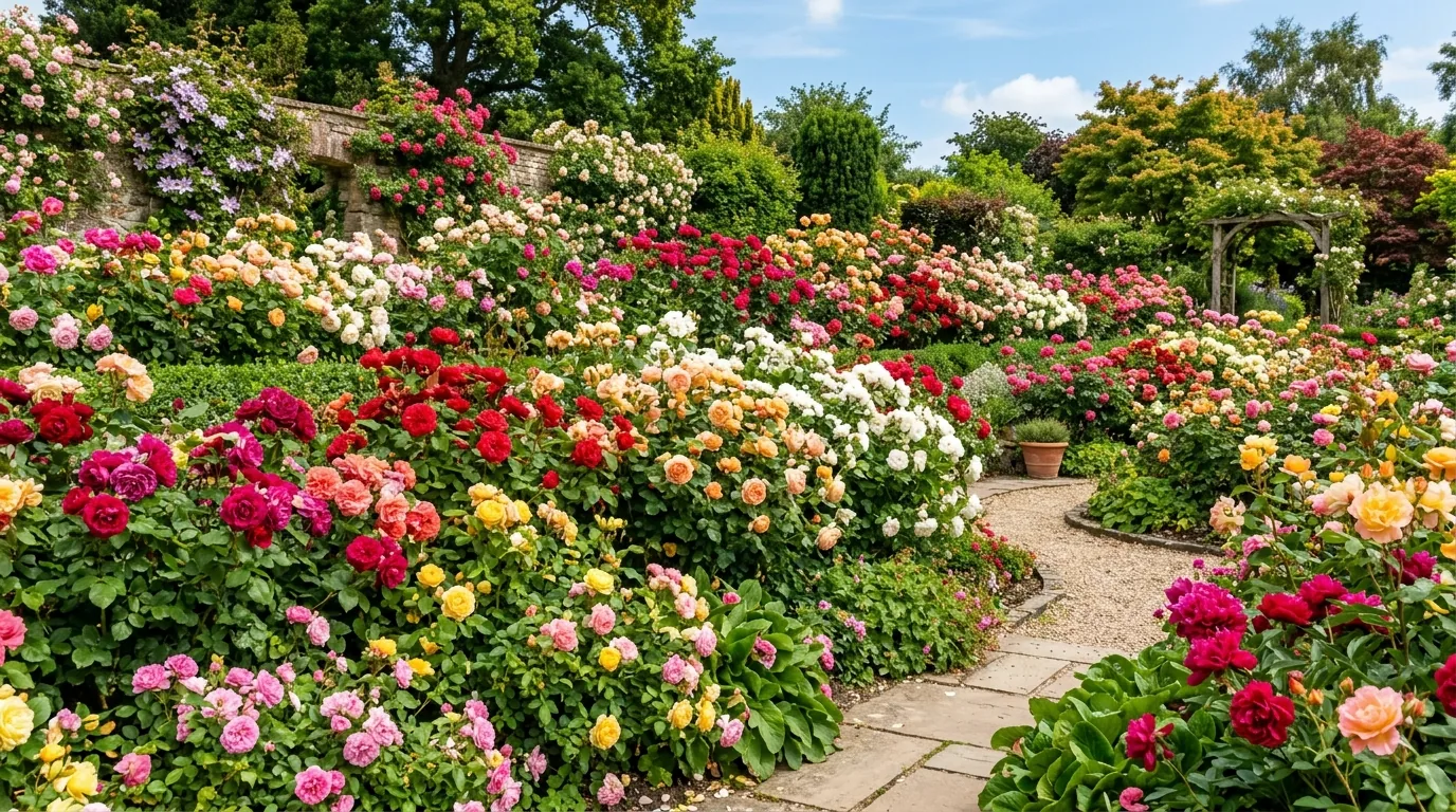 Courtyard garden with container roses and clipped greenery