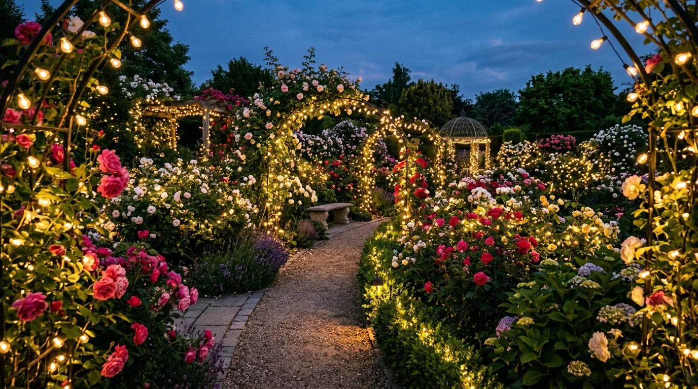 Sunny backyard with trellis roses framing gate opening