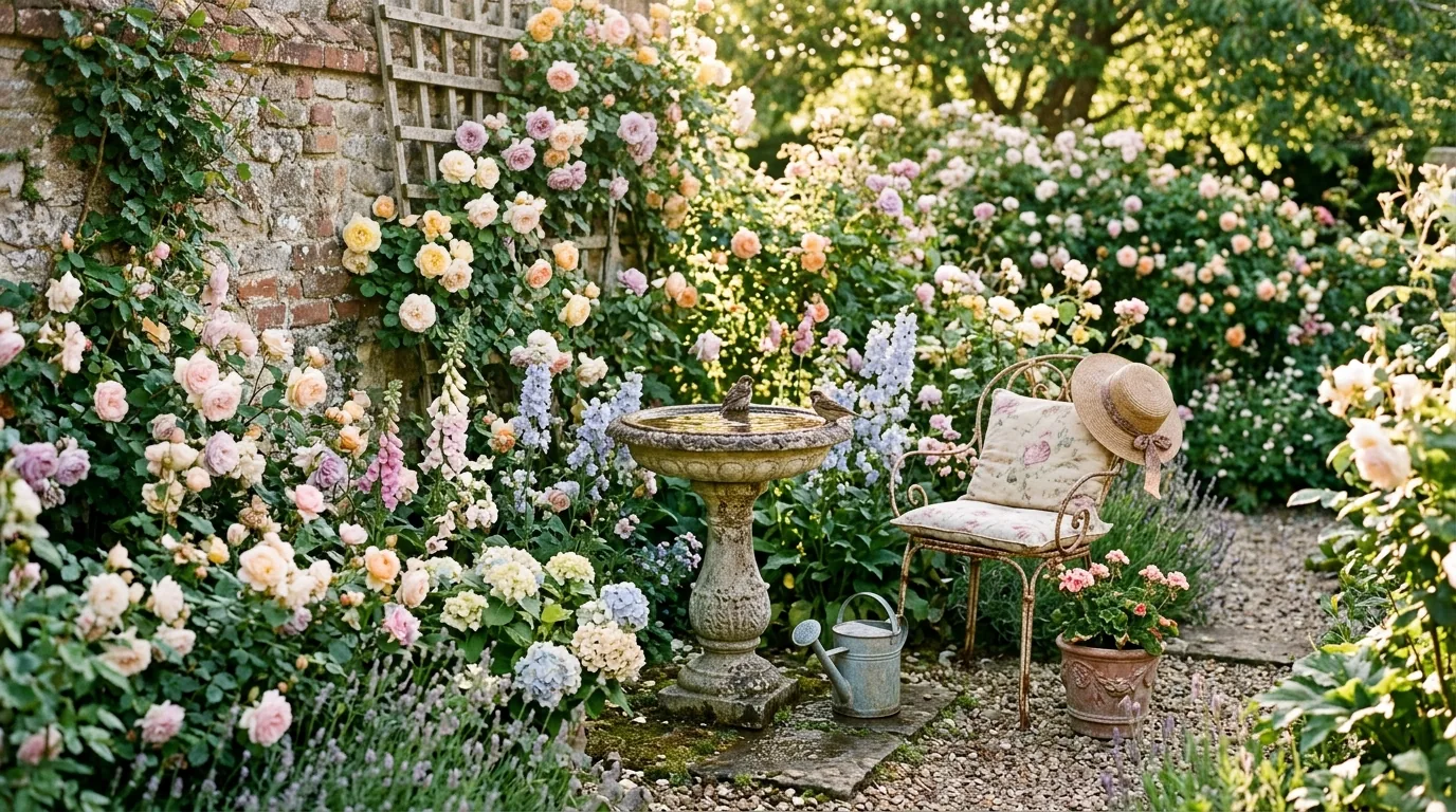 Lush mixed border with deep red roses and soft grasses