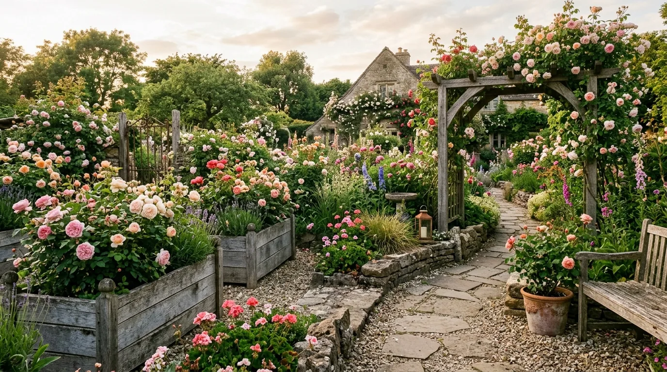 Cinematic rose garden with layered blooms