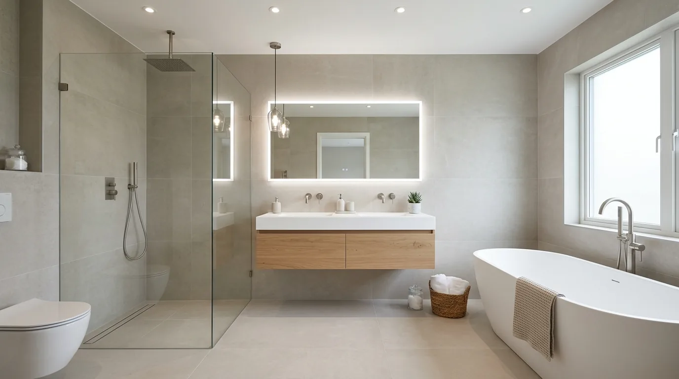 Small hex tile floor with warm white grout