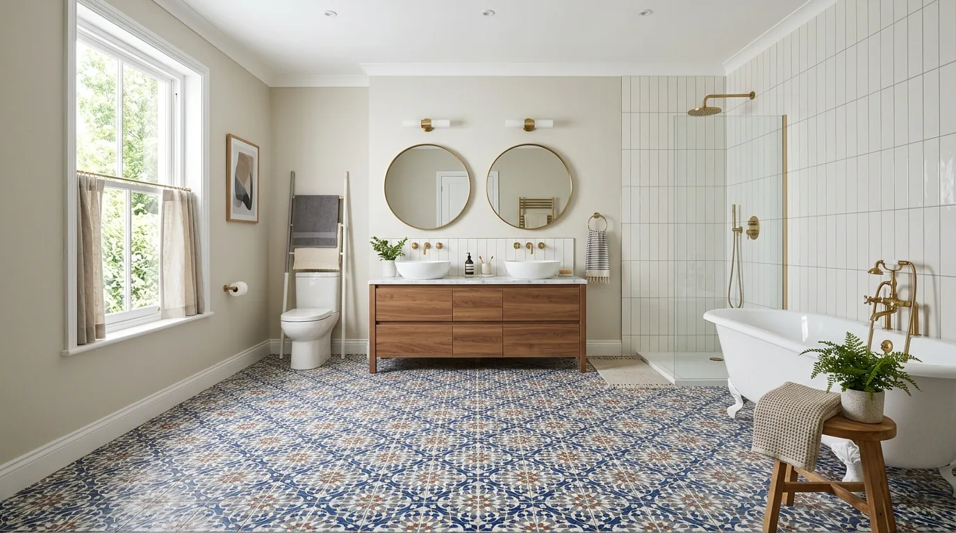 Large-format beige tile floor making compact bathroom feel calmer