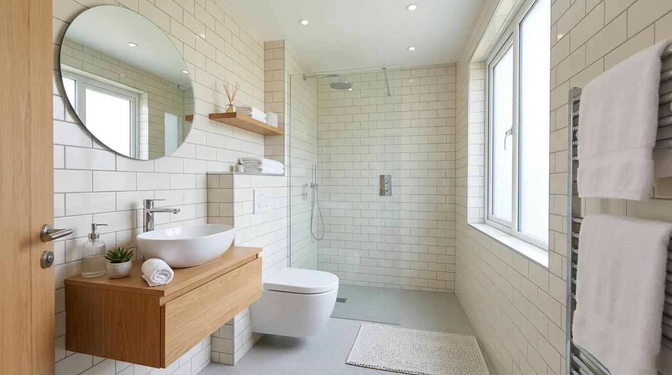 Wood-look porcelain tile in powder room