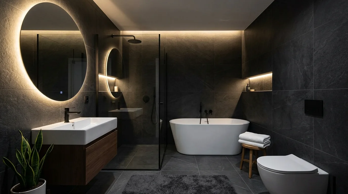 Scandinavian bathroom with pale terrazzo-style floor tile