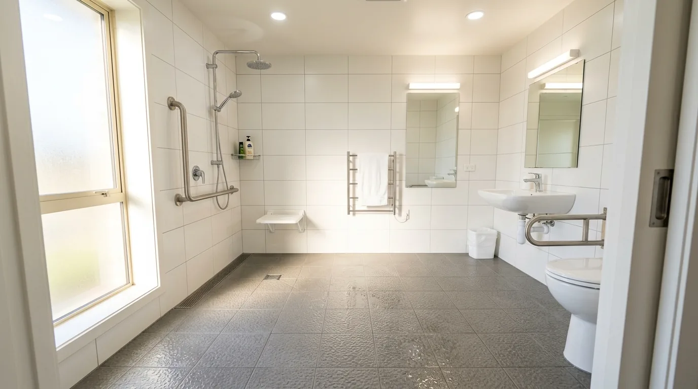 Luxury bathroom with textured limestone-look porcelain flooring