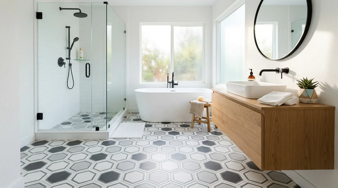 Family bathroom with mid-tone tile and darker grout