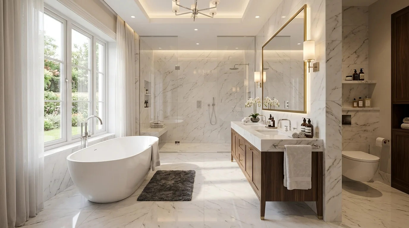 Minimal white bathroom with soft taupe floor tile for warmth