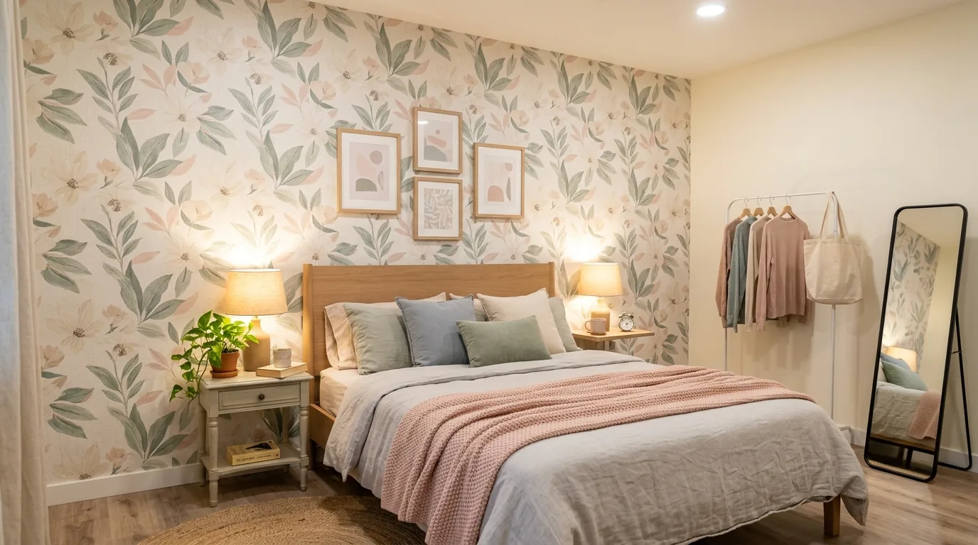 Small room with thrifted lamps and taller curtain panels
