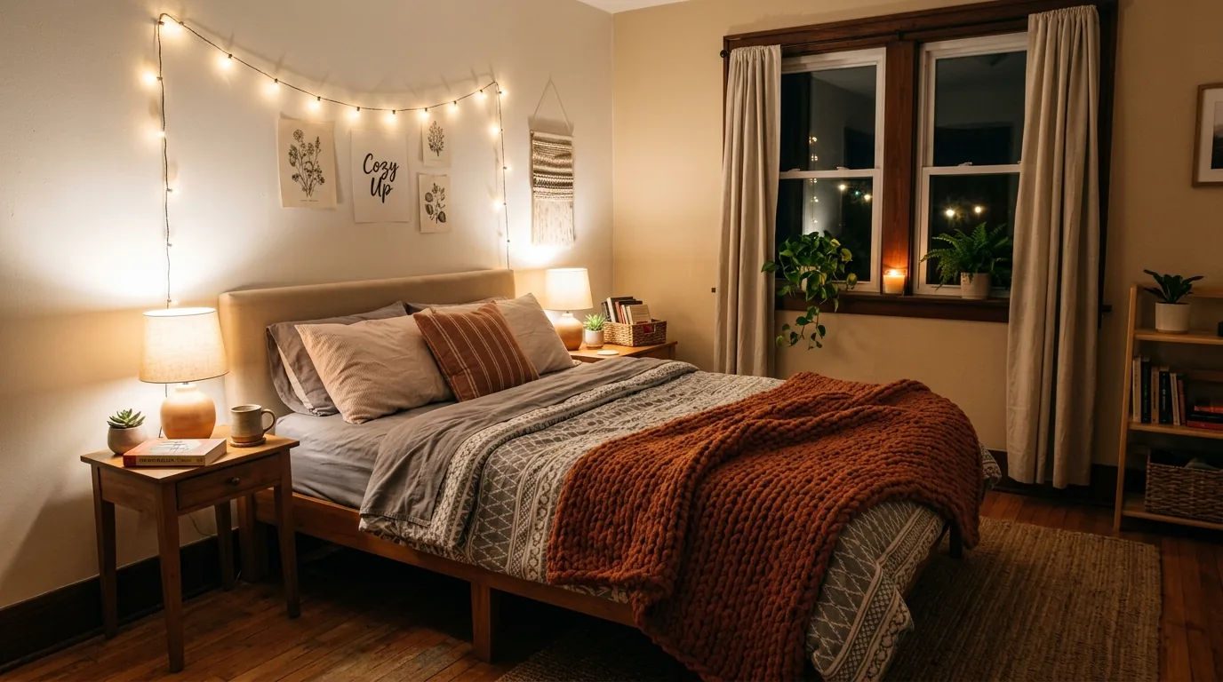 DIY headboard wall in warm greige with simple art above bed