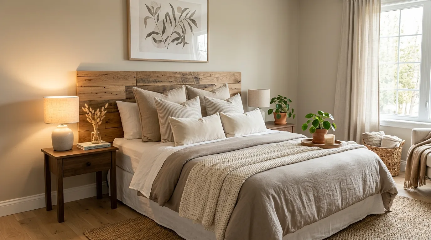 Bedroom with layered throw pillows and textured blanket