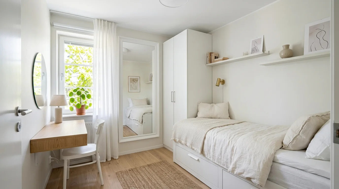 Apartment bedroom with matching bedside lamps and tidy symmetry