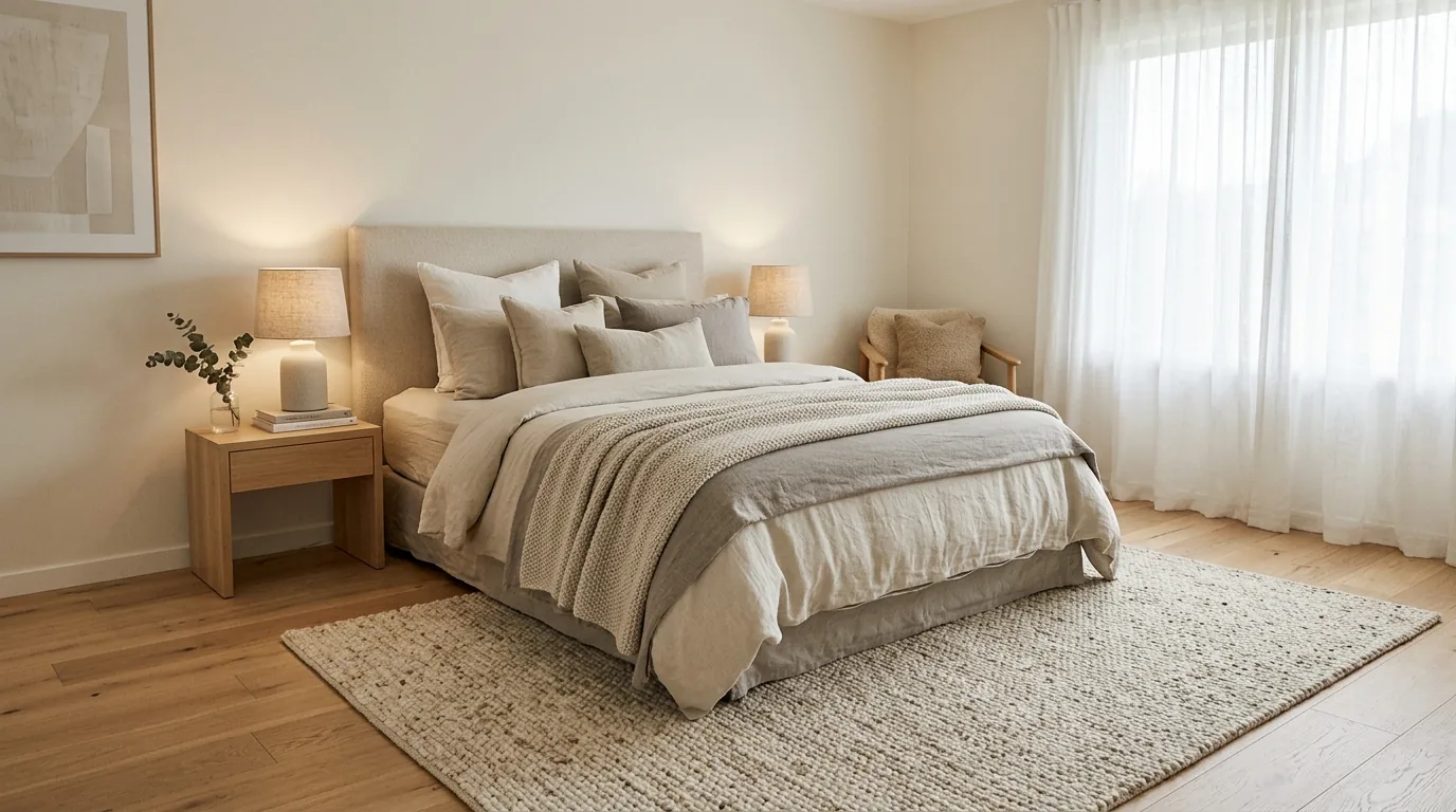 Cozy bedroom with bench at foot of bed and folded quilt