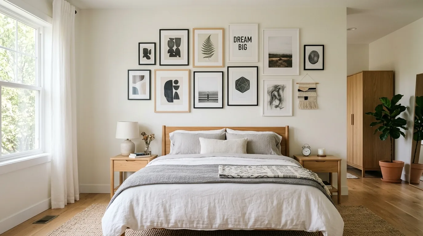 Dark accent wall behind light bedding