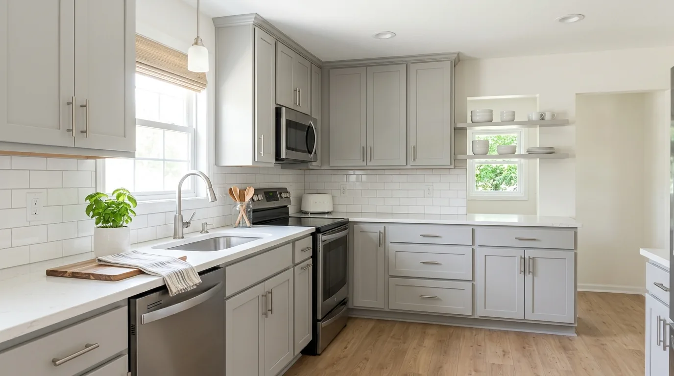 Warm wood veneer cabinet refacing with matte black pulls