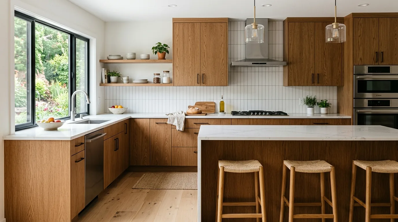 Small kitchen with soft sage refaced doors and brighter counters