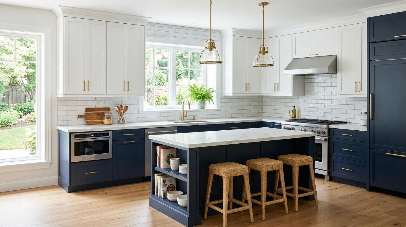 Flat-panel refacing with slim hardware and integrated toe-kick lighting
