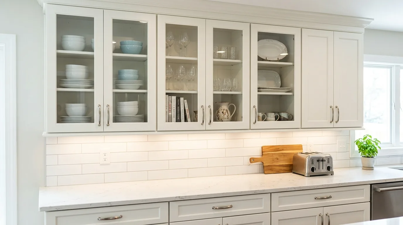 Galley kitchen with navy refaced lowers and white uppers