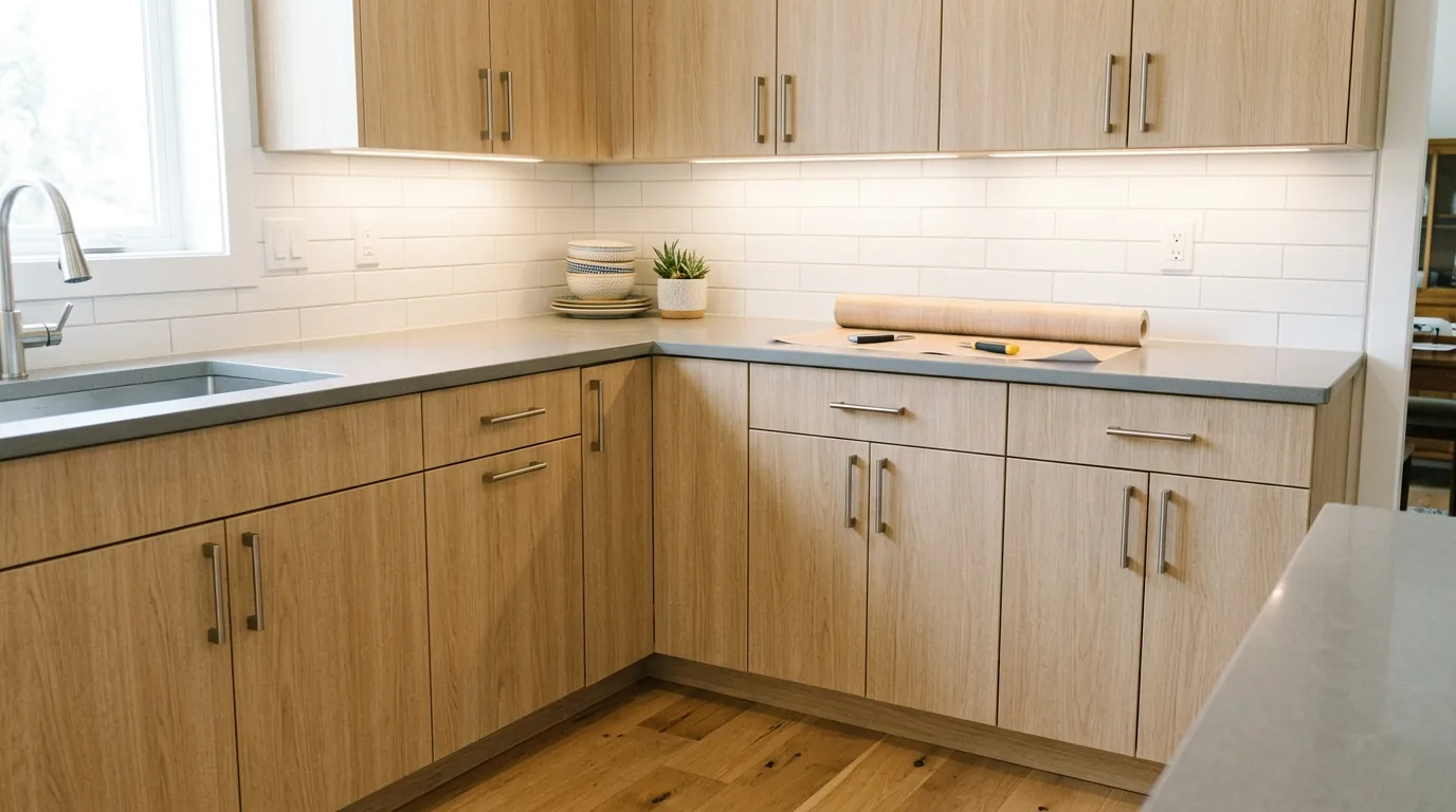 Apartment kitchen with peel-and-stick veneer look and fresh knobs