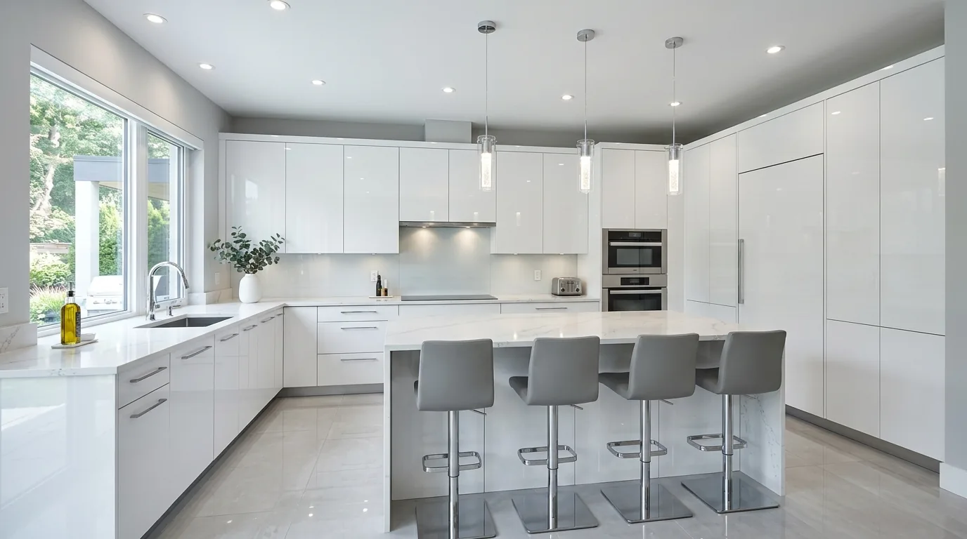 Farmhouse kitchen with beadboard-style cabinet fronts and cup pulls