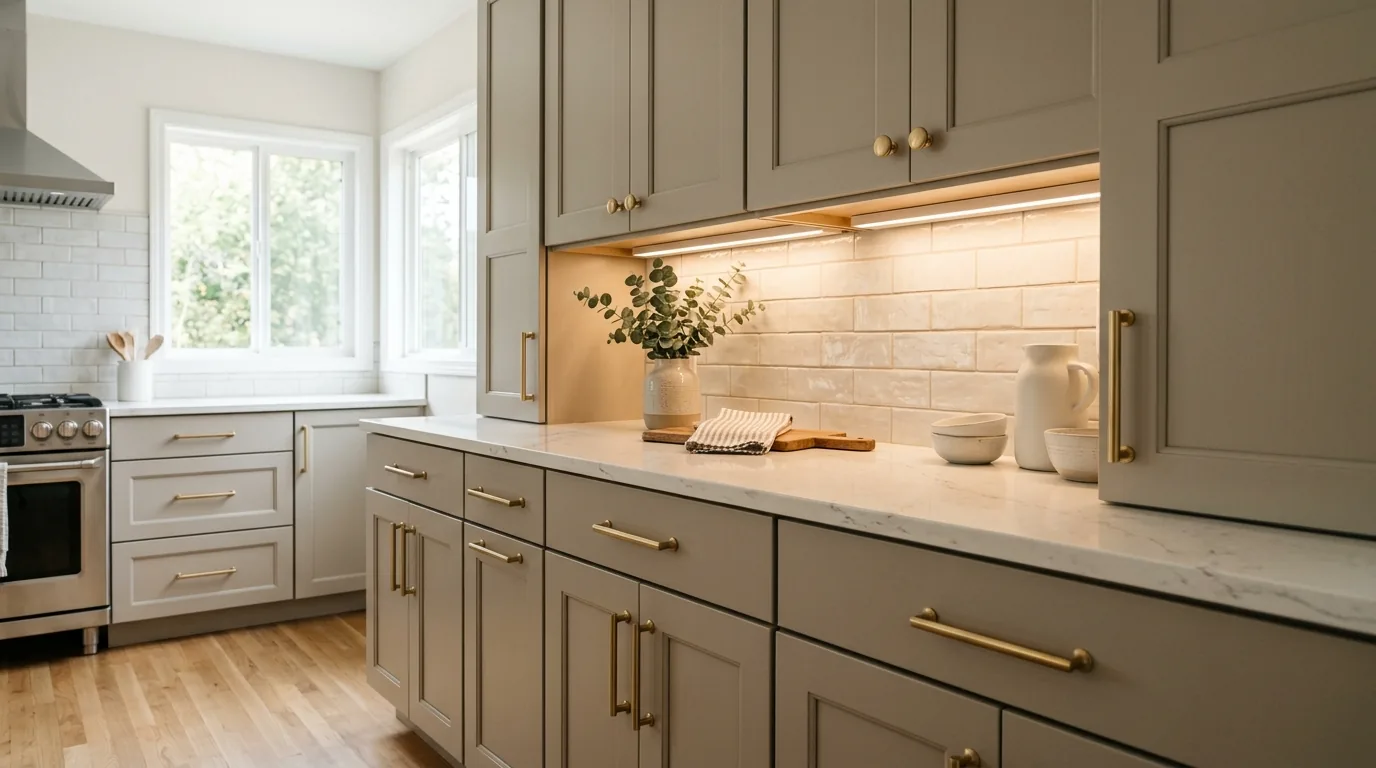 Luxury-inspired refacing with taupe doors and marble-look backsplash