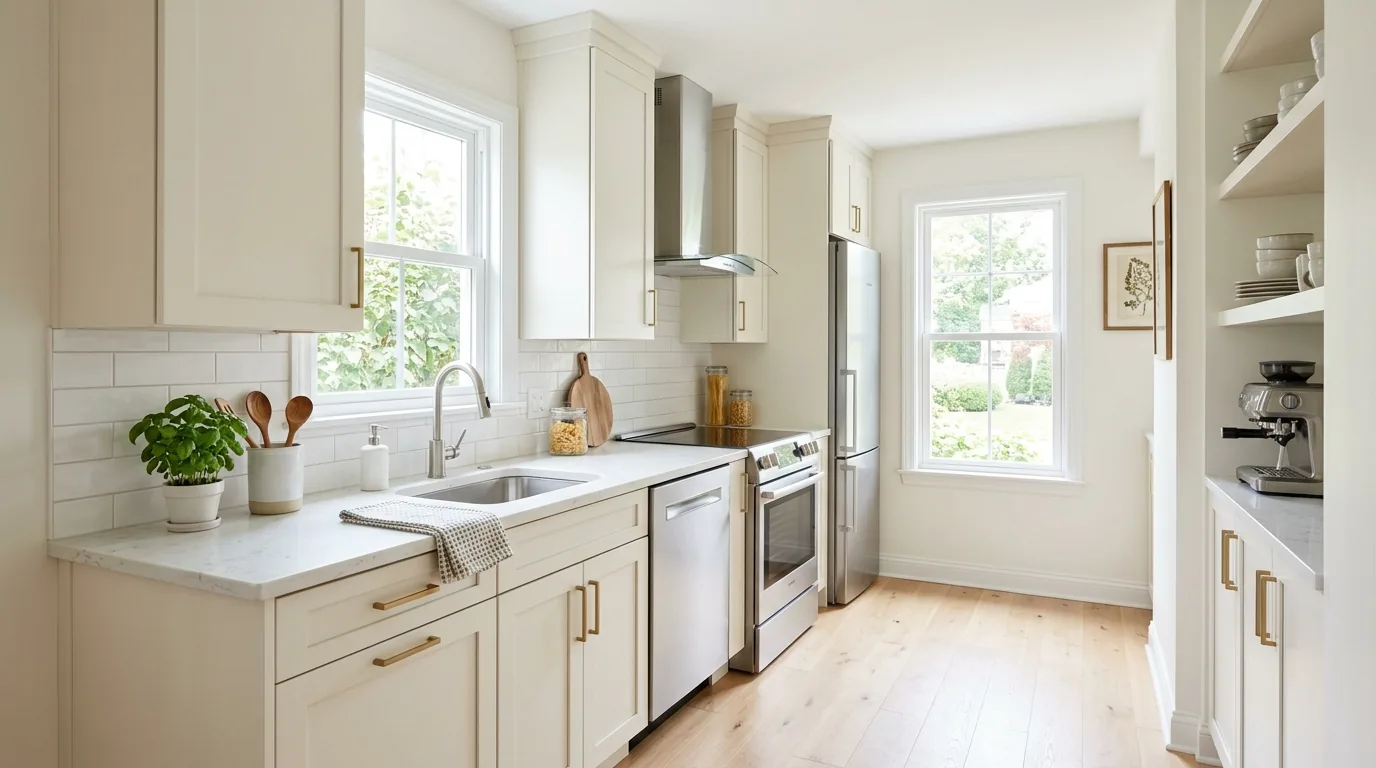 Dated kitchen updated with fluted island panels and simple perimeter refacing