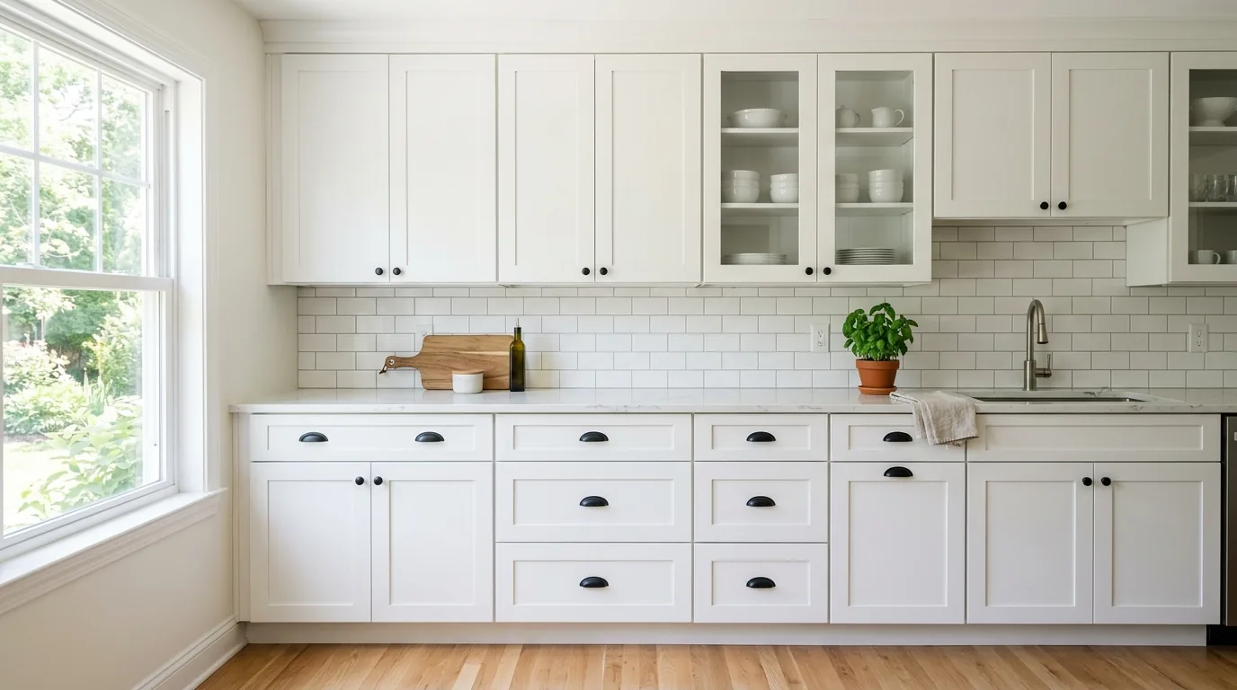 Black cabinet refacing with warm wood shelves