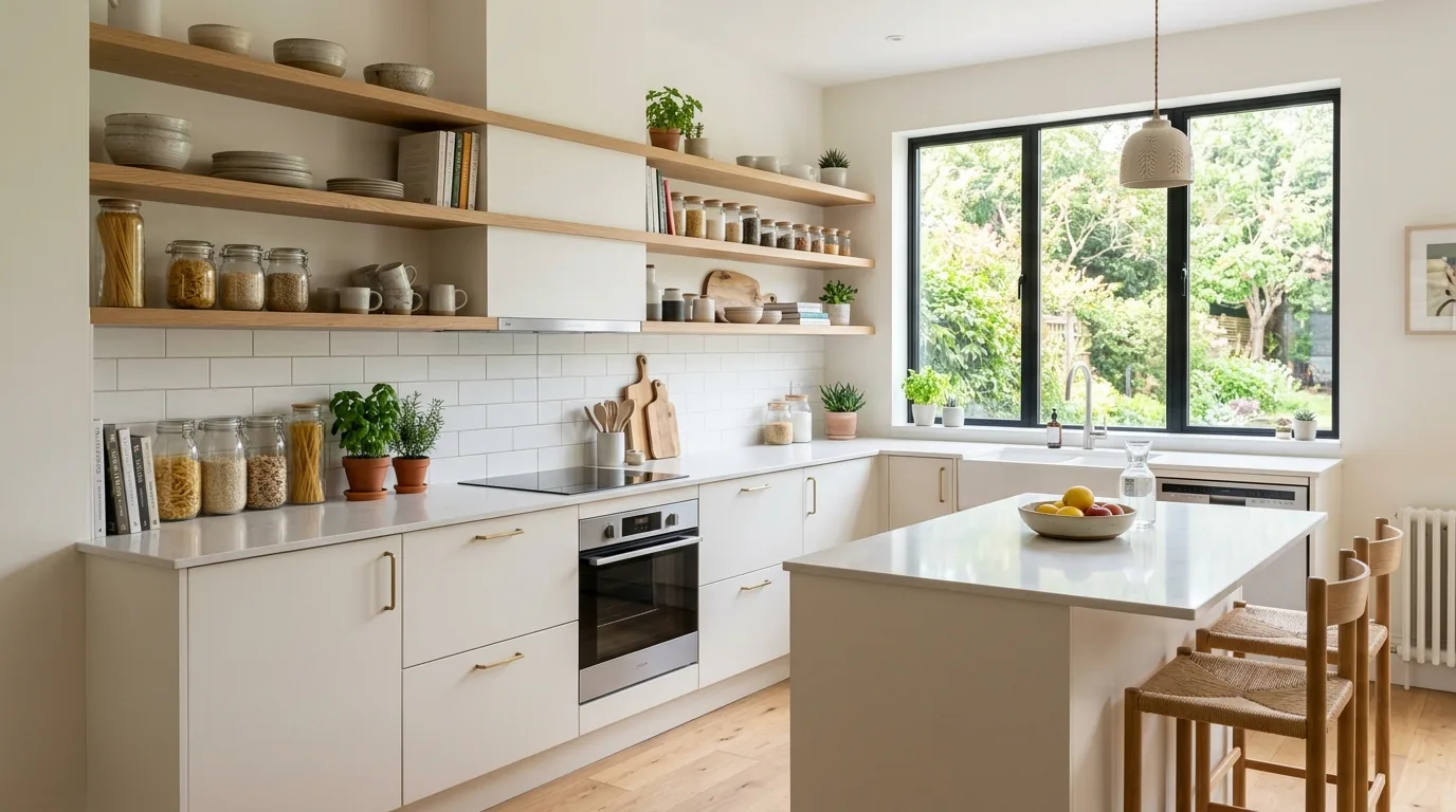 Compact kitchen with refaced pantry doors and matching trim