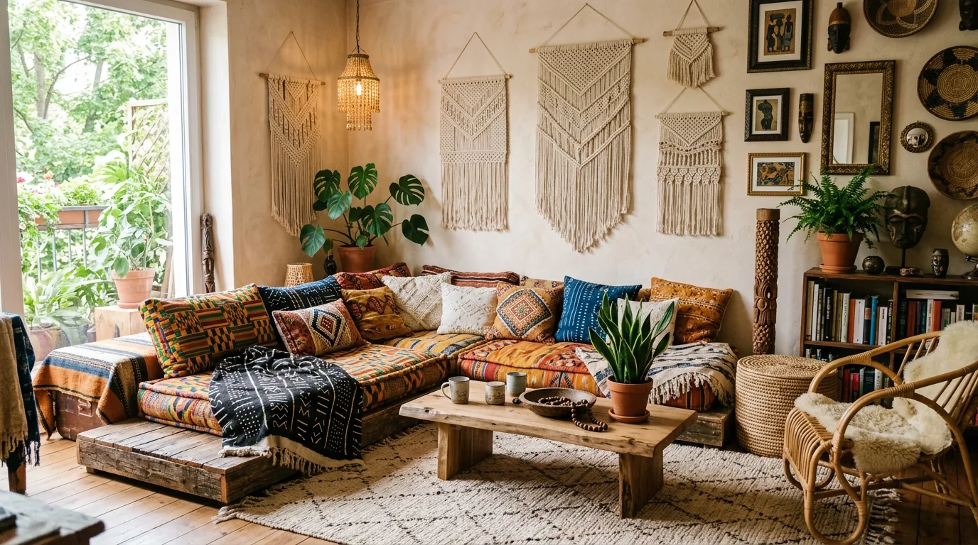 Warm bohemian corner with woven pendant