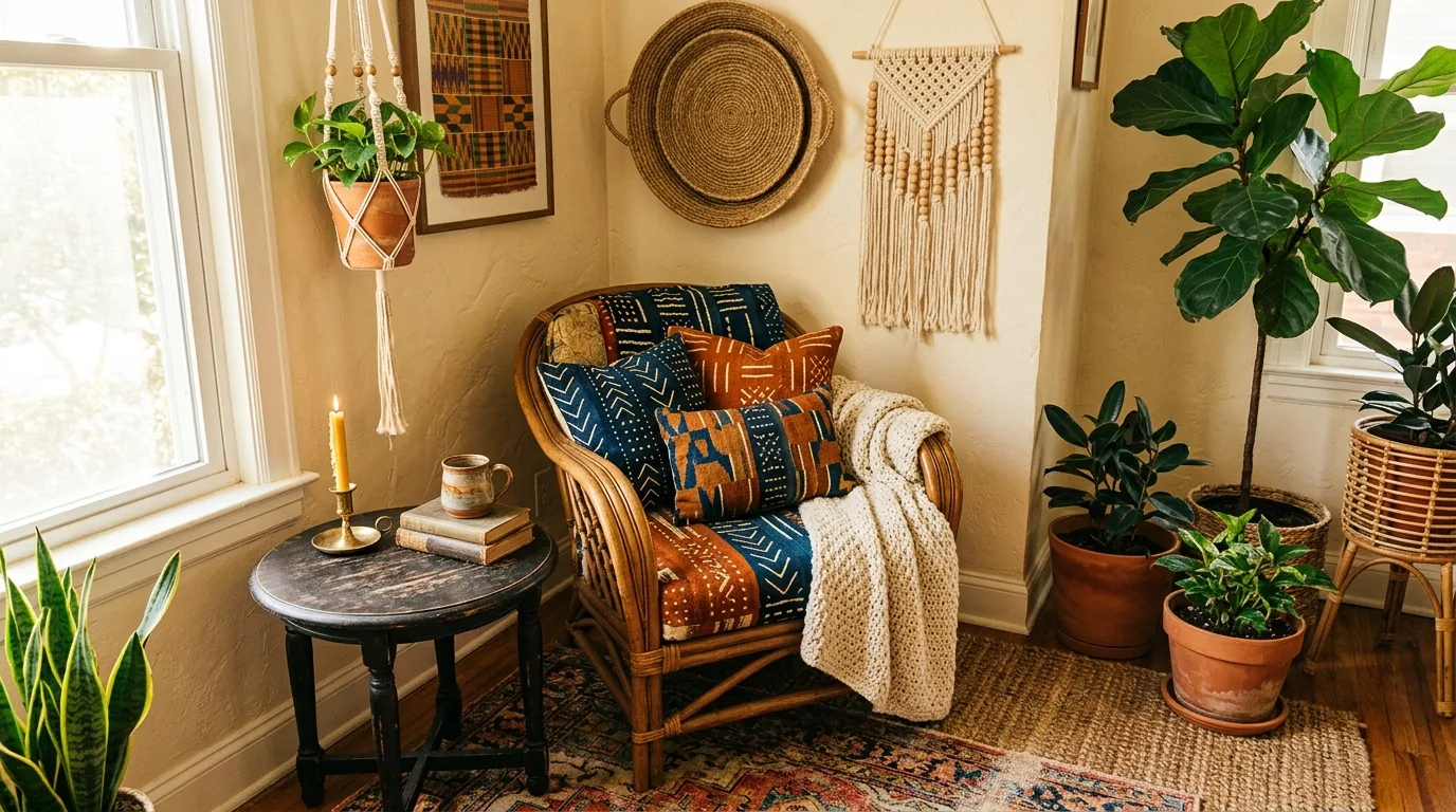 Living room with layered patterned rugs