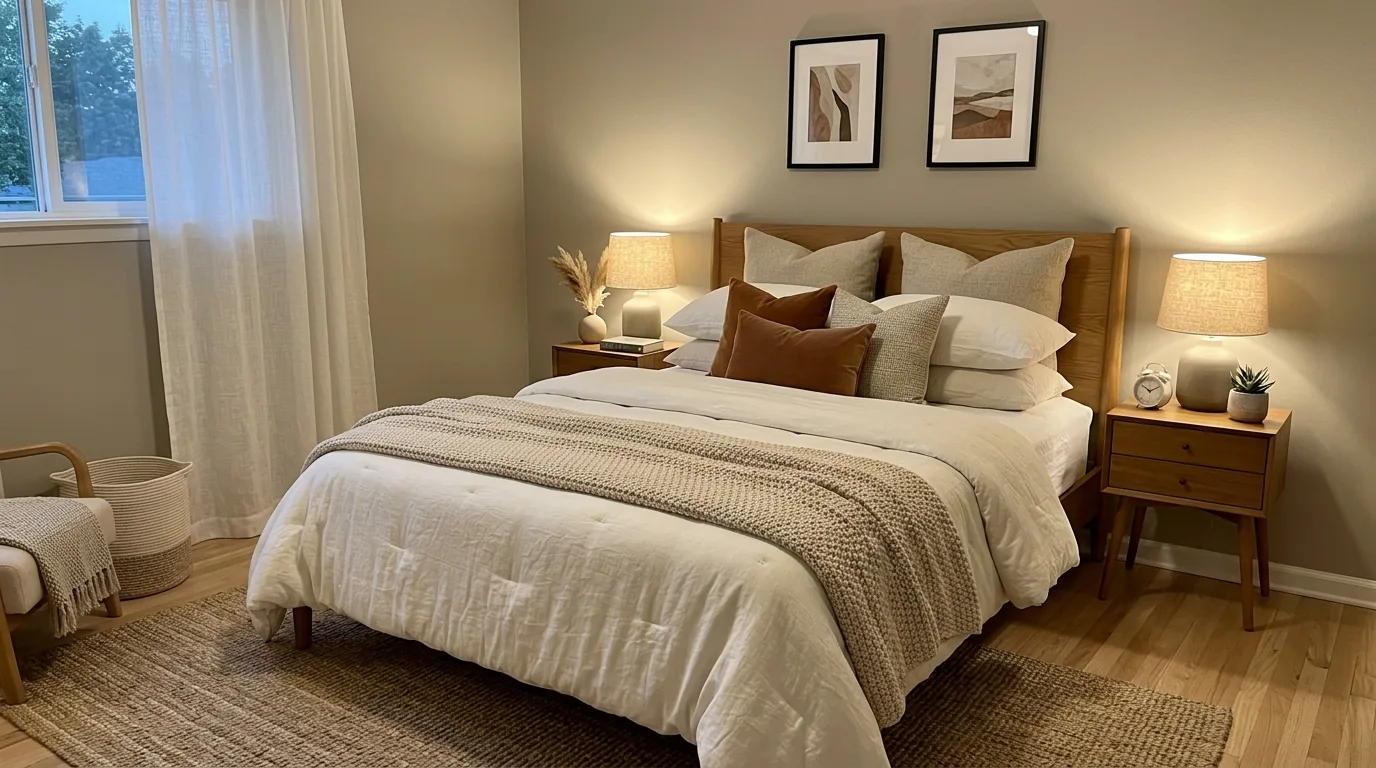 Bedroom with new duvet cover and taller curtain panels