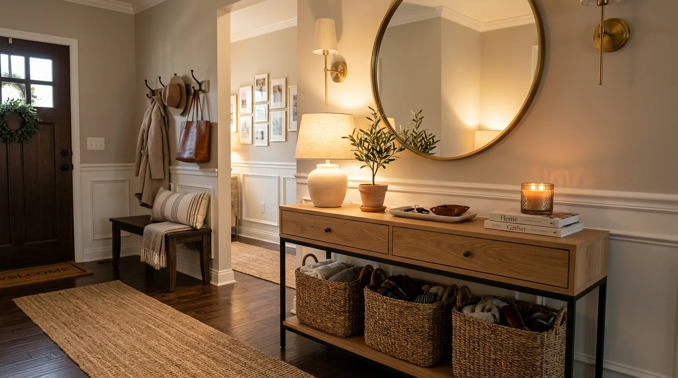 Neutral room with one accent paint wall and simplified artwork