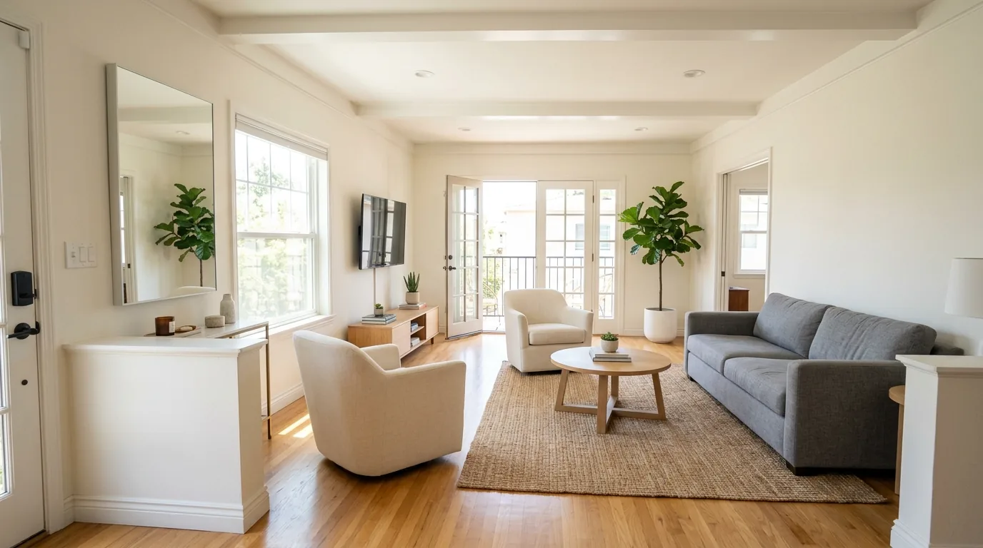 Small apartment with furniture pulled away from walls for better flow